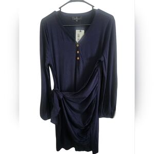 Navy Long Sleeve Dress with Button Detail
